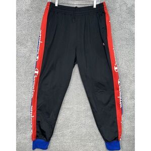 VTG Champion Sweatpants Mens XL Black Taper Jogger Tricot Script Red Blue Stripe